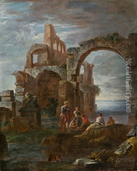 Fischer Auf Kustenfelsen Rastend, Dahinter Ruinen Eines Antiken Gebaudes Mit Torbogen Oil Painting - Giovanni Ghisolfi