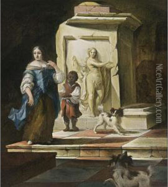 A Lady With A Negro Servant And Two Dogs Near A Classical Fountain Oil Painting - Thomas van der Wilt