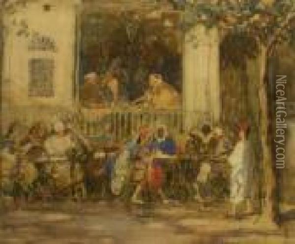 Figures In Tunisian Street Cafe Oil Painting - Lionel Townsend Crawshaw