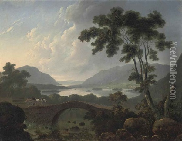 An Extensive Landscape In The Lake District With A Horse-drawn Cart Crossing A Bridge Oil Painting - Thomas Walmsley