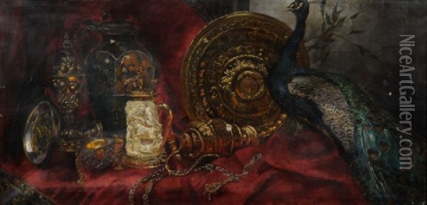 Stillleben Mit Pfau Und Elfenbeinhumpen Oil Painting - Hermione von Preuschen