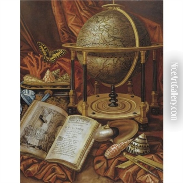 Still Life With A Globe, Books, Shells And Corals Resting On A Stone Ledge Oil Painting - Simon Renard De Saint-Andre
