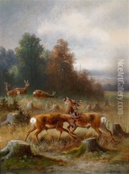 Kampfende Rehbocke Oil Painting - Moritz Mueller the Elder