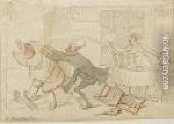 Dr Syntax Ejecting An Intruder Oil Painting - Thomas Rowlandson