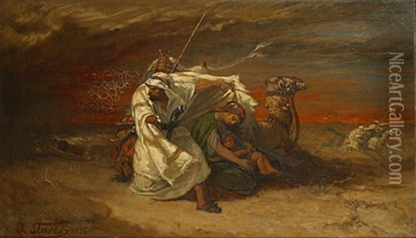 Arabische Ruiter Die Vrouw En Kind Beschermt Oil Painting - Julius Josephus Gaspard Starck
