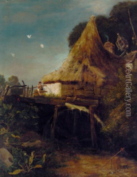 Children Playing By A Watermill Oil Painting - Reverend Thomas James Judkin