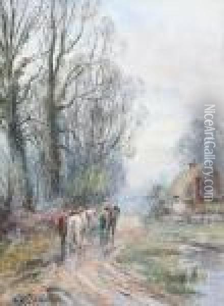 Plough Team On A Country Lane Oil Painting - Henry John Kinniard