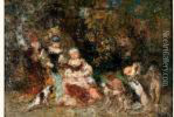 Femmes Et Enfants Dans Un Bois Oil Painting - Adolphe Joseph Th. Monticelli