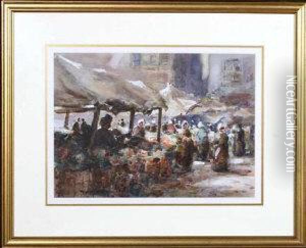 Market Day At Rouen Oil Painting - Thomas William Morley