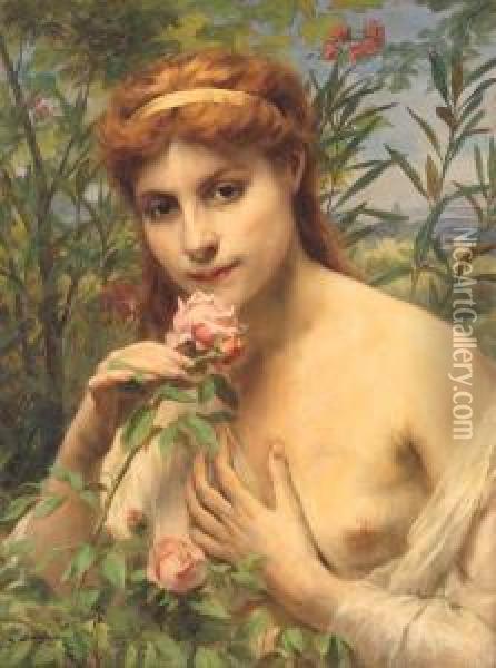 'l'odorat - Femme A La Rose' Oil Painting - Gaston Casimir Saint-Pierre