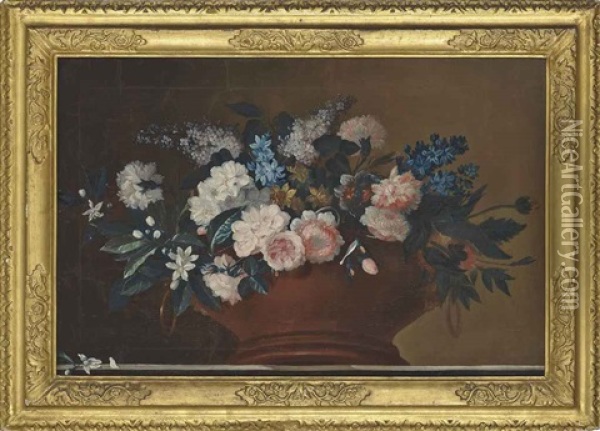 Roses, Carnations, Narcissi And Other Flowers In An Urn On A Stone Ledge Oil Painting - Jean-Baptiste Monnoyer