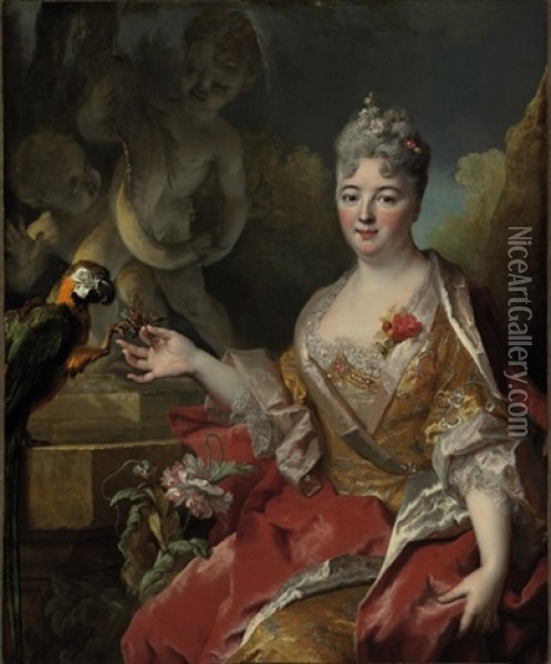 Portrait Of A Woman With A Macaw Oil Painting - Nicolas de Largilliere