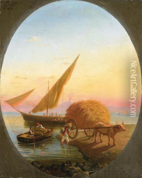 Heuwagen Und Fischerbooteam Strand Von Neapel Oil Painting - Consalvo Carelli