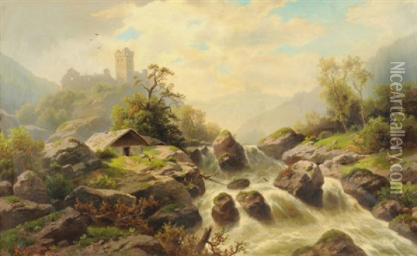 Burgruinen In Voralpiner Landschaft Mit Wildbach (savoyen?) Oil Painting - Alfred-Paul-Emile-Etienne Dumont