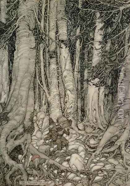 In the Forest with a Barrel from Rip Van Winkle written by Washington Irving 1783-1859, 1905 Oil Painting - Arthur Rackham