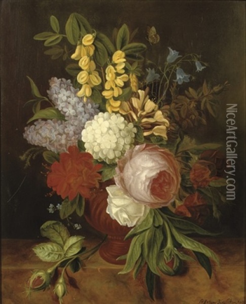 Roses, Forget-me-nots And Other Flowers In A Vase On A Marble Ledge Oil Painting - Cornelis Johannes van Hulsteyn