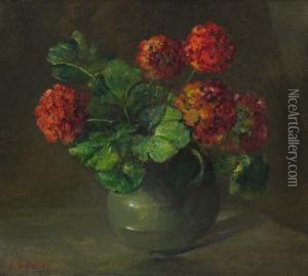 Geraniums In A Green Vase Oil Painting - Charles Ethan Porter