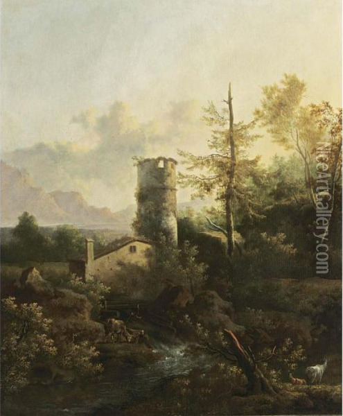 A Mountainous Wooded River Landscape With A Watermill And A Tower Oil Painting - Frederick De Moucheron