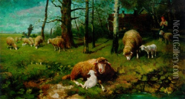 Sheep With Their Lambs Resting By A River Oil Painting - Adolf Ernst Meissner
