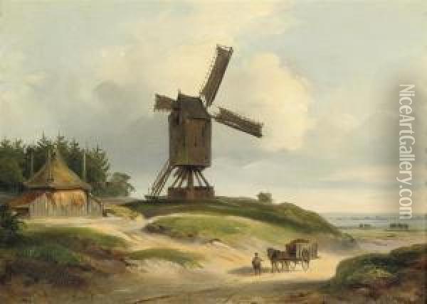 Passing A Windmill In An Extensive Landscape Oil Painting - Willem Troost