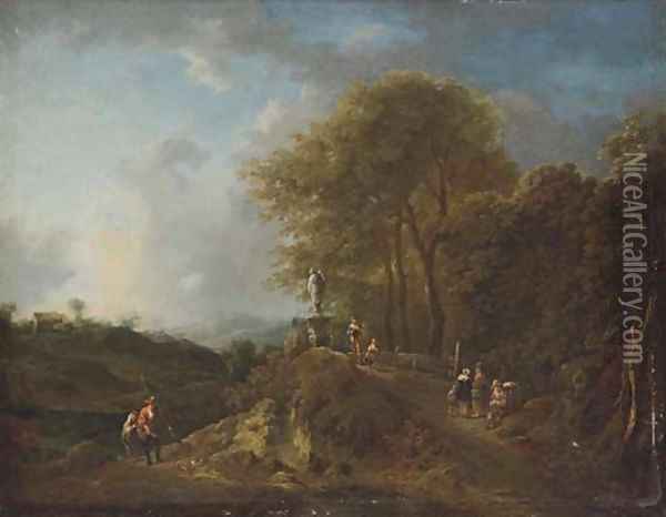 A wooded river landscape with anglers on a track, other figures on a bridge by a statue Oil Painting - Frederick De Moucheron