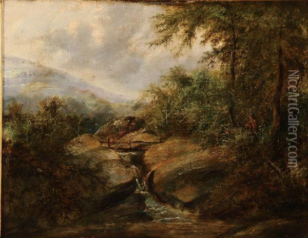 Figures Walking Near Stream Within Forest Clearing Oil Painting - Thomas Creswick