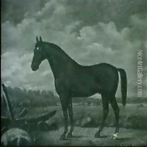 A Bay Stallion In A Landscape Oil Painting - Henry H. Cross