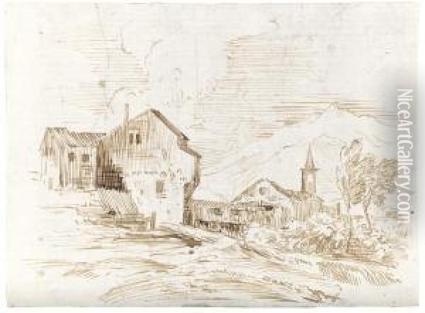 A Mountainous Landscape With Rural Buildings And A Church Oil Painting - Marco Ricci