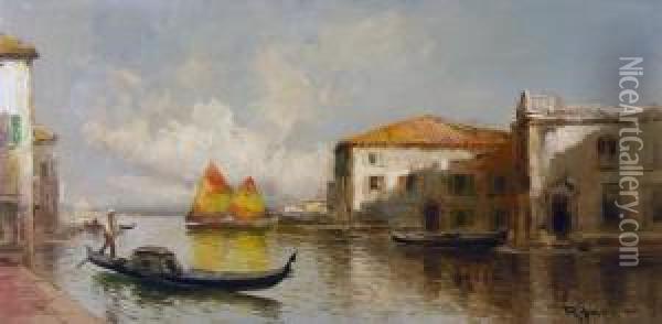 Canal Scene With Gondolier Oil Painting - Virgilio Ripari