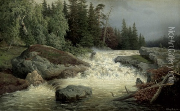 Nordische Landschaft Mit Tosendem Gebirgsbach Oil Painting - Magnus Hjalmar Munsterhjelm