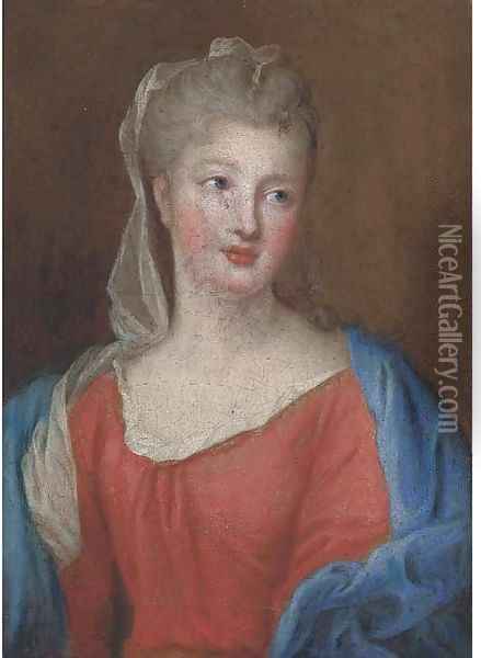 Portrait of a lady, in a red dress and blue cloak Oil Painting - French School