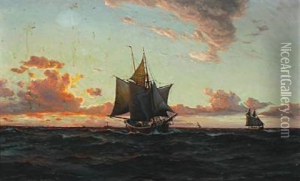 Sailboats And A Lightship In The Sunset Oil Painting - Christian Benjamin Olsen
