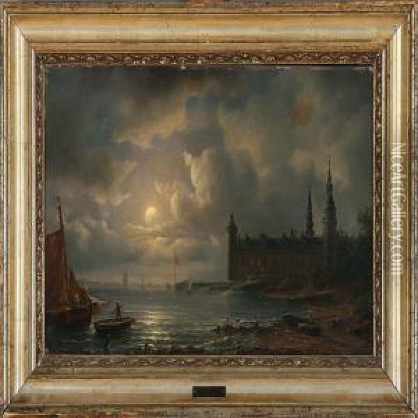 Coastal Scene In Moonlight At Elsinore Castle Oil Painting - Heinrich Friedrich Tank