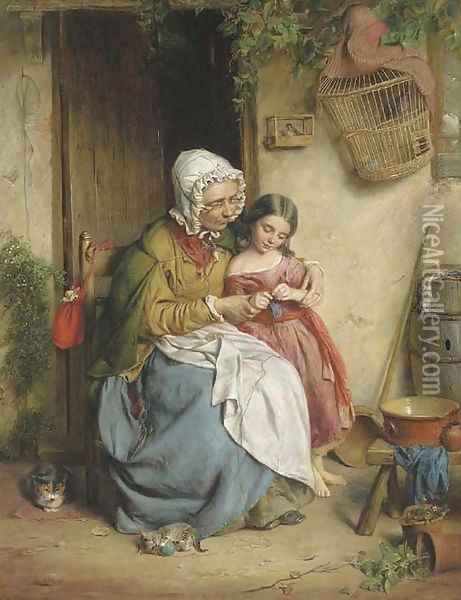 The Knitting Lesson Oil Painting - John Thomas Peele