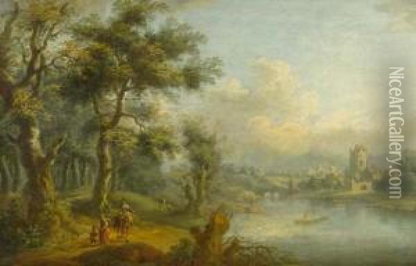 Flusslandschaft Mit Wanderern. Oil Painting - Franz Hochecker