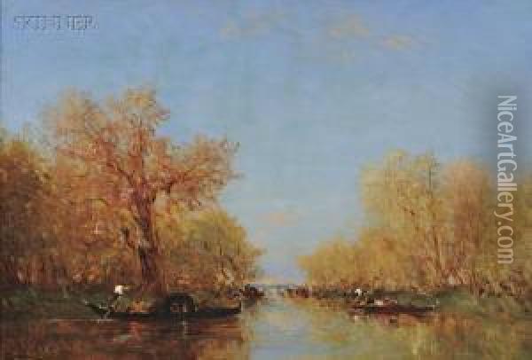 Gondolas On A Lagoon In Autumn Oil Painting - Felix Ziem