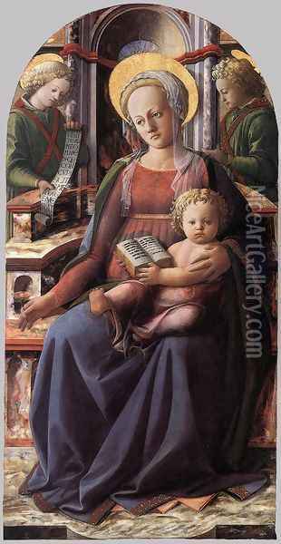 Madonna and Child Enthroned with Two Angels c. 1437 Oil Painting - Fra Filippo Lippi