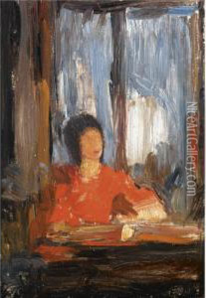 Seated Woman With A Red Dress Next To A Window Oil Painting - Nicholaos Gysis