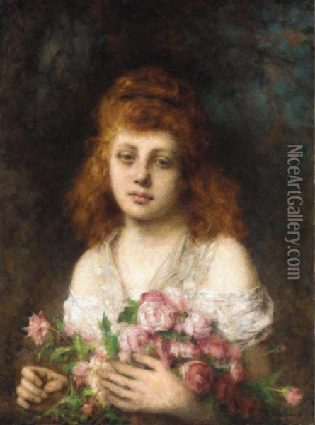 Auburn-haired Beauty With Bouquet Of Roses Oil Painting - Alexei Alexeivich Harlamoff