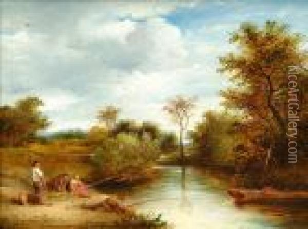 River Landscape With Anglers Oil Painting - John Linnell