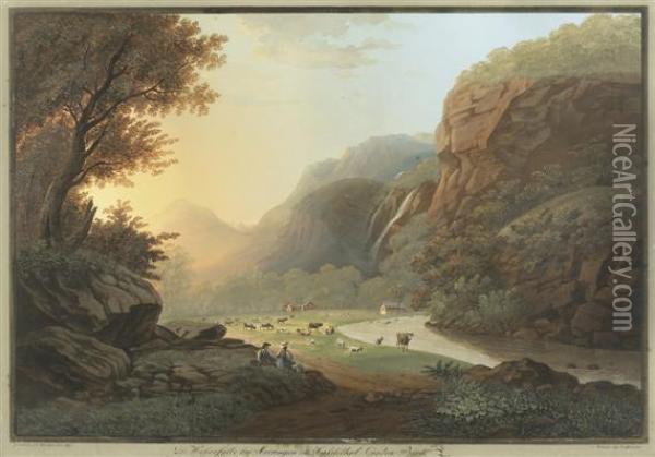 Die Wasserfalle Bey Meiringen Im Haslitalcanton Bern Oil Painting - Johann Heinrich Bleuler I