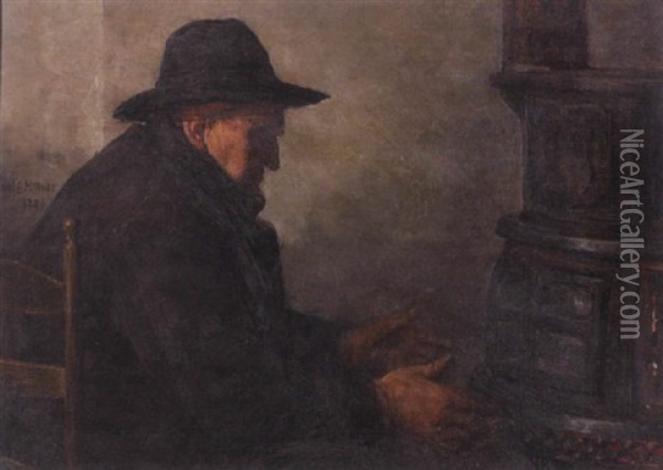 Interior Scene Of An Old Man Warming His Hands Near A Stove Oil Painting - Paul Harney Jr.