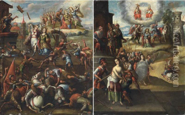 A Pair Of Paintings: Martyrdum Of Saint Catherine And Martyrdum Of Saint Barbara Oil Painting - Jose Manuel Carnero
