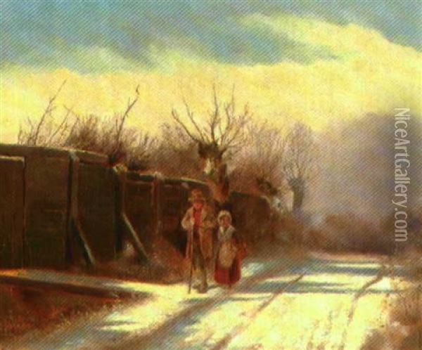 Vinterdag Med Spadserende Par Pa En Sti Oil Painting - Julius Friedlaender