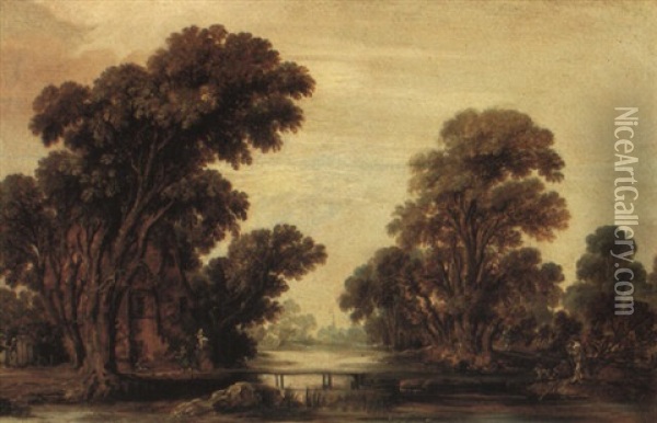 Wooded River Landscape With A Woman And Child By A Cottage Oil Painting - Aert van der Neer