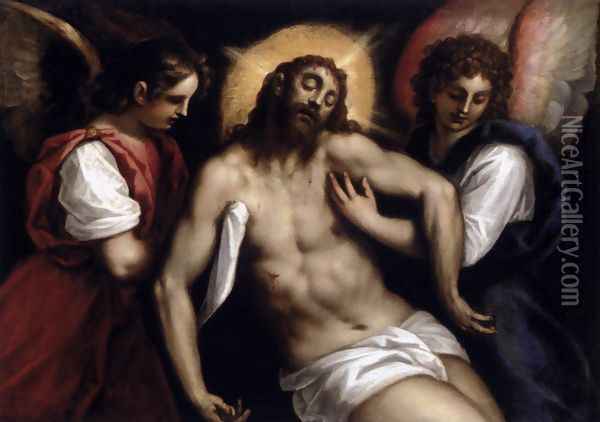 The Dead Christ with Two Angels c. 1600 Oil Painting - Palma Vecchio (Jacopo Negretti)