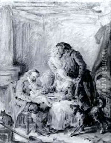 Grandparents Holding Their Grandchild, The Proud Parents    Looking On: A Sketch Oil Painting - Jean Baptiste Greuze