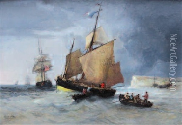 Barques De Peche Devant Les Falaises Du Treport Oil Painting - Jules Achille Noel
