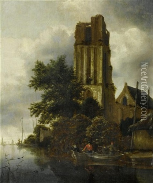 Fischer In Einer Flusslandschaft Vor Einer Kirchenruine Oil Painting - Cornelis Gerritsz Decker