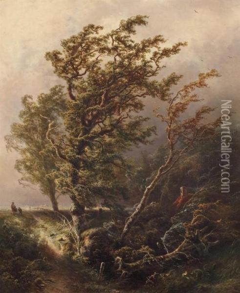 Trees In Stormy Weather Oil Painting - Pieter Lodewijk Francisco Kluyver